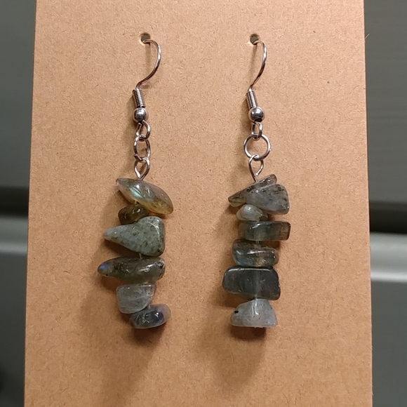 Labradorite Earrings Natural Gemstone Crystal Chip Beaded Surgical Stainless - Picture 11 of 13